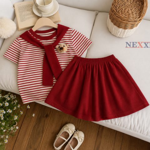 Set Váy Bé Gái Áo Thun Sọc Borip Phối Chân Váy Cotton Có Chip Đính Gấu, Phong Cách Hàn Quốc Siêu Xinh NEXXI