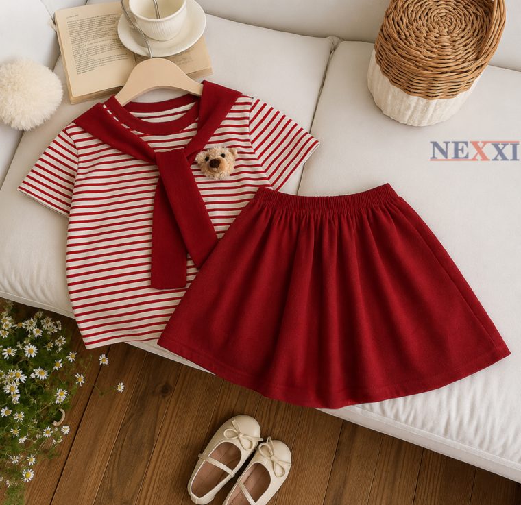 Set Váy Bé Gái Áo Thun Sọc Borip Phối Chân Váy Cotton Có Chip Đính Gấu, Phong Cách Hàn Quốc Siêu Xinh NEXXI