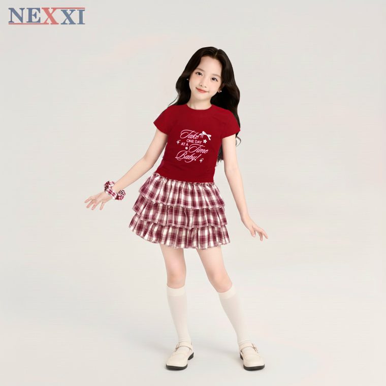 Set Váy Bé Gái NEXXI Chân Váy Caro 3 Tầng Có Quần Trong Áo Thun Cotton Mát Cho Bé 12-45kg