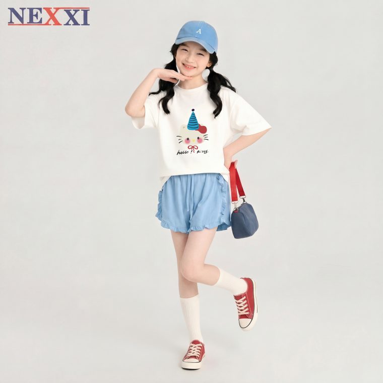 Set Bé Gái Mặc Hè Siêu Xinh – Áo Thun Cotton 4C In Mèo + Quần Đũi Viền Bèo, Form Rộng NEXXI