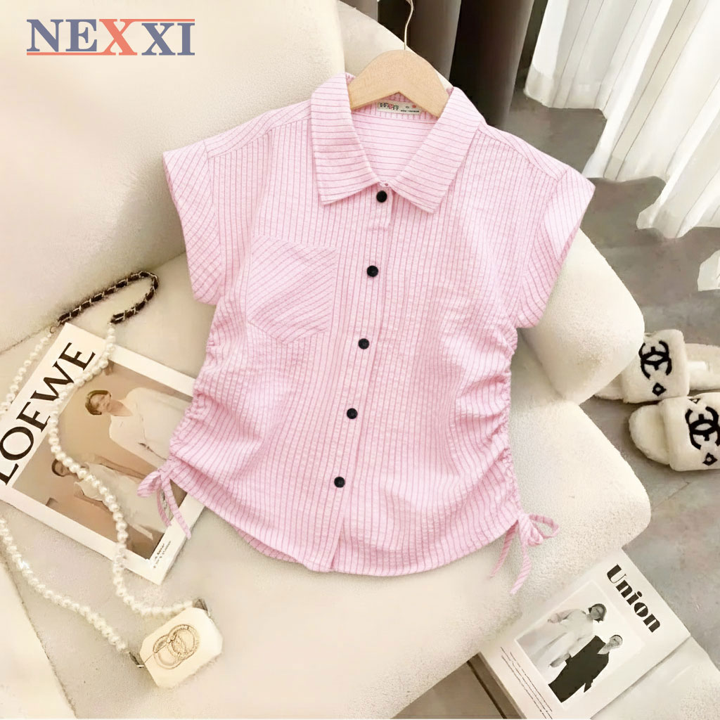 2501.4Sơ mi sọc xốp cotton rút eo