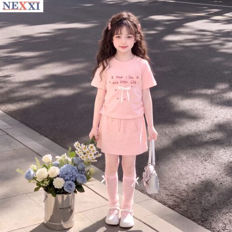 Set Váy Bé Gái Áo Thun Dây Rút Đính Nơ, Thỏ Sweet Kèm Chân Váy Chữ A NEXXI