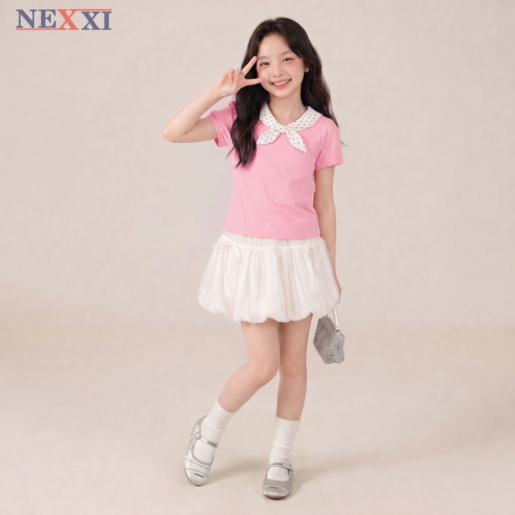 Set Áo Nơ Cổ Chấm Bi Kèm Váy Bí Bé Gái NEXXI – Áo Cotton 4 Chiều, Váy Xô Ánh Kim Có Chip