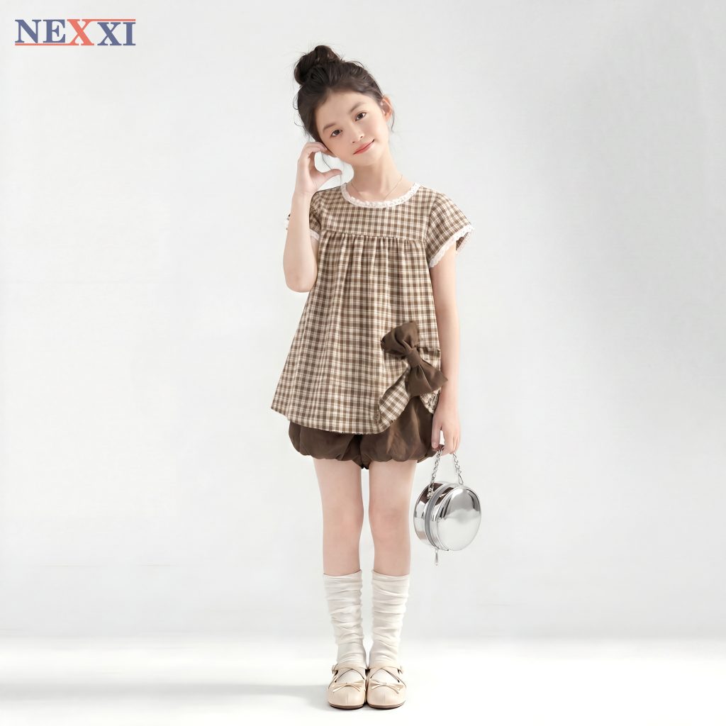 2608.11Sét áo caro nơ to kèm quần sọt bí