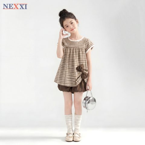 Set Bé Gái Áo Caro Nơ To Kèm Quần Bí – Set Đồ Bé Gái Oxford Kate Hàn Style Năng Động NEXXI