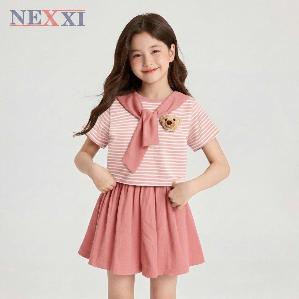 Set Váy Bé Gái Áo Thun Sọc Borip Phối Chân Váy Cotton Có Chip Đính Gấu, Phong Cách Hàn Quốc Siêu Xinh NEXXI