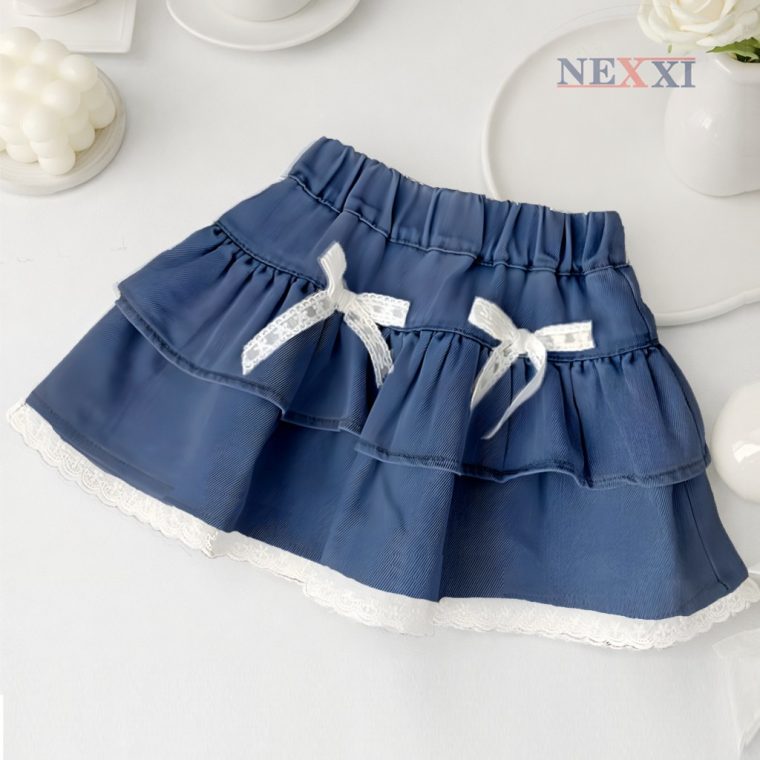 Chân Váy Jean Bé Gái Xòe 2 Tầng Đính Nơ Viền Ren Co Giãn Mềm Mại Có Quần Trong NEXXI