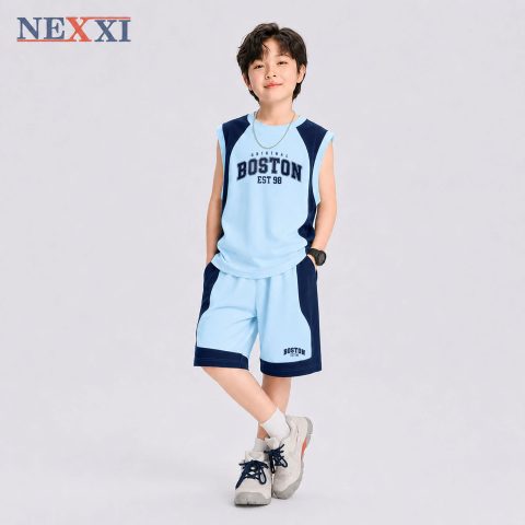Bộ Thun Cotton Bé Trai Sát Nách Boston – Set Đồ Thể Thao Form Rộng Phối Màu Sporty Năng Động NEXXI