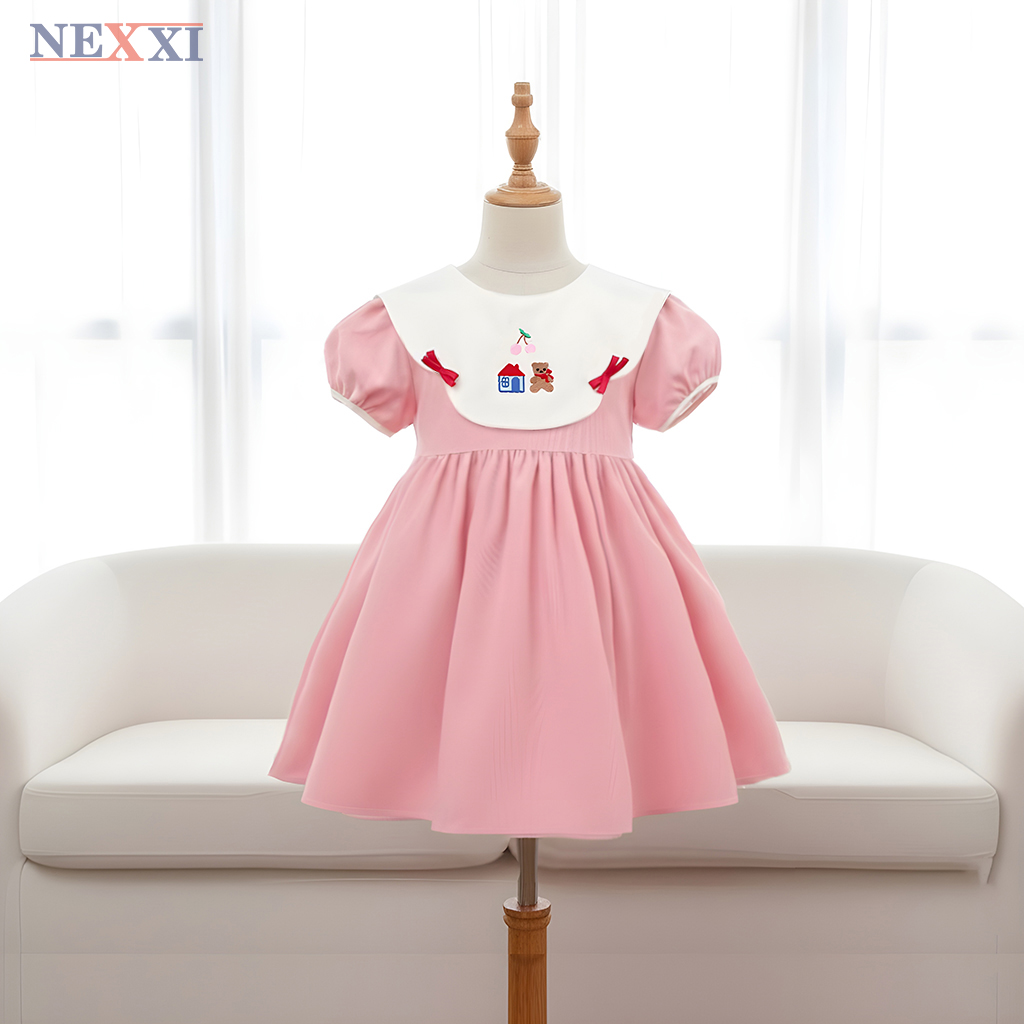2501.13Đầm xòe nhúng cổ kiểu thêu gấu