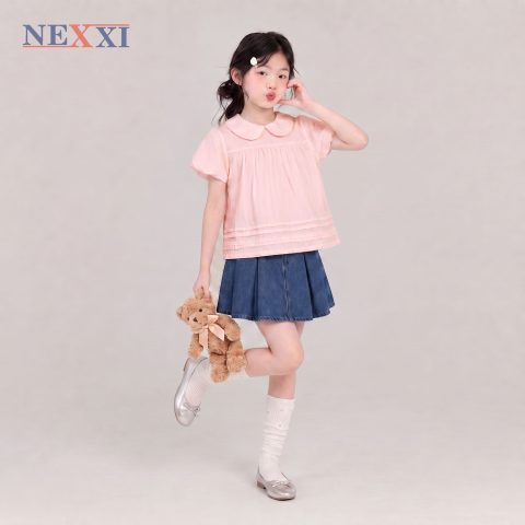 Áo Sơ Mi Babydoll Bé Gái NEXXI – Tay Phồng Bí Viền Lai, Cotton Nhật Mềm Mại, Nữ Tính Xinh Xắn
