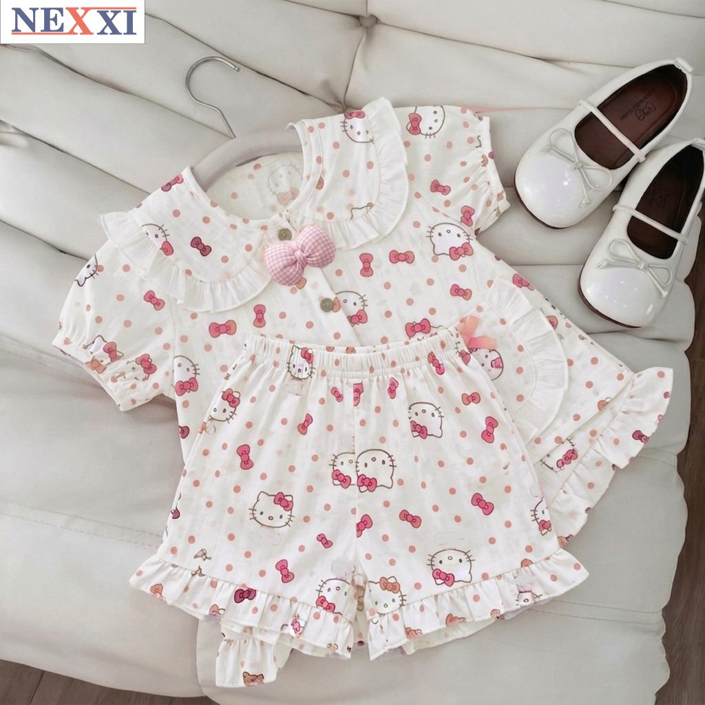 Bộ Pijama Bé Gái NEXXI Chất Đũi Cotton Hàn Cao Cấp Viền Bèo Đính Nơ Họa Tiết Dễ Thương 8-55kg