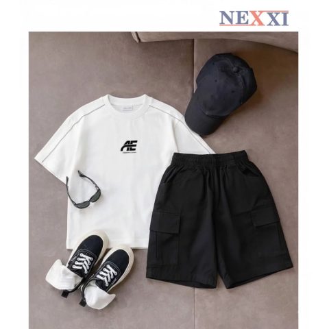 Set Bộ Bé Trai NEXXI Áo Thun Form Rộng Quần Lửng Kaki Túi Hộp Phong Cách Hàn Quốc Chất Cotton Mát