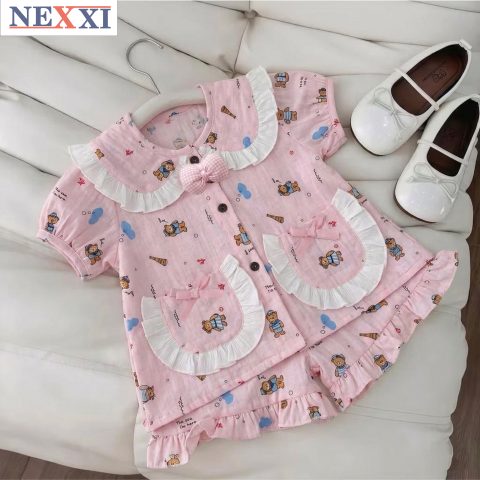 Bộ Pijama Bé Gái NEXXI Chất Đũi Cotton Hàn Cao Cấp Viền Bèo Đính Nơ Họa Tiết Dễ Thương 8-55kg