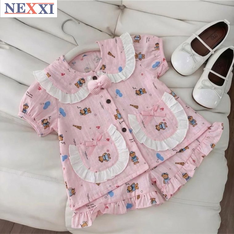 Bộ Pijama Bé Gái NEXXI Chất Đũi Cotton Hàn Cao Cấp Viền Bèo Đính Nơ Họa Tiết Dễ Thương 8-55kg
