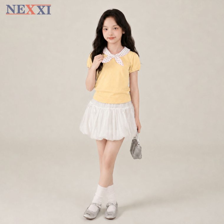 Set Áo Nơ Cổ Chấm Bi Kèm Váy Bí Bé Gái NEXXI – Áo Cotton 4 Chiều, Váy Xô Ánh Kim Có Chip