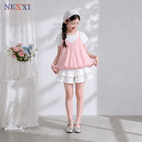 Set Bé Gái Áo Bí Phối Quần Giả Váy Bèo 2 Lớp – Đũi Hàn Cotton 4C Tiểu Thư Mùa Hè NEXXI