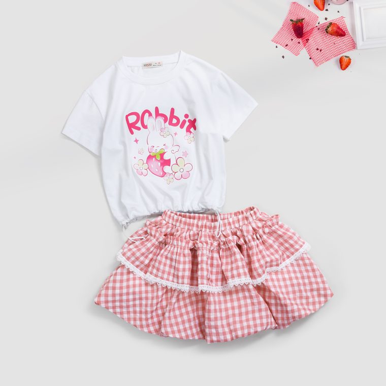 Set Váy Bé Gái Áo Thun Thỏ Rabbit Kèm Chân Váy Caro Tầng Ren Điệu Đà Cho Bé NEXXI