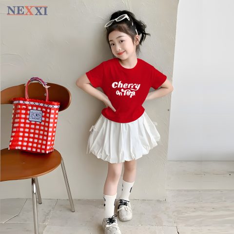 Set Váy Bé Gái NEXXI Mùa Hè – Áo Thun Babytee In Cherry + Váy Bí Xếp Ly Dễ Thương Có Chip Trong