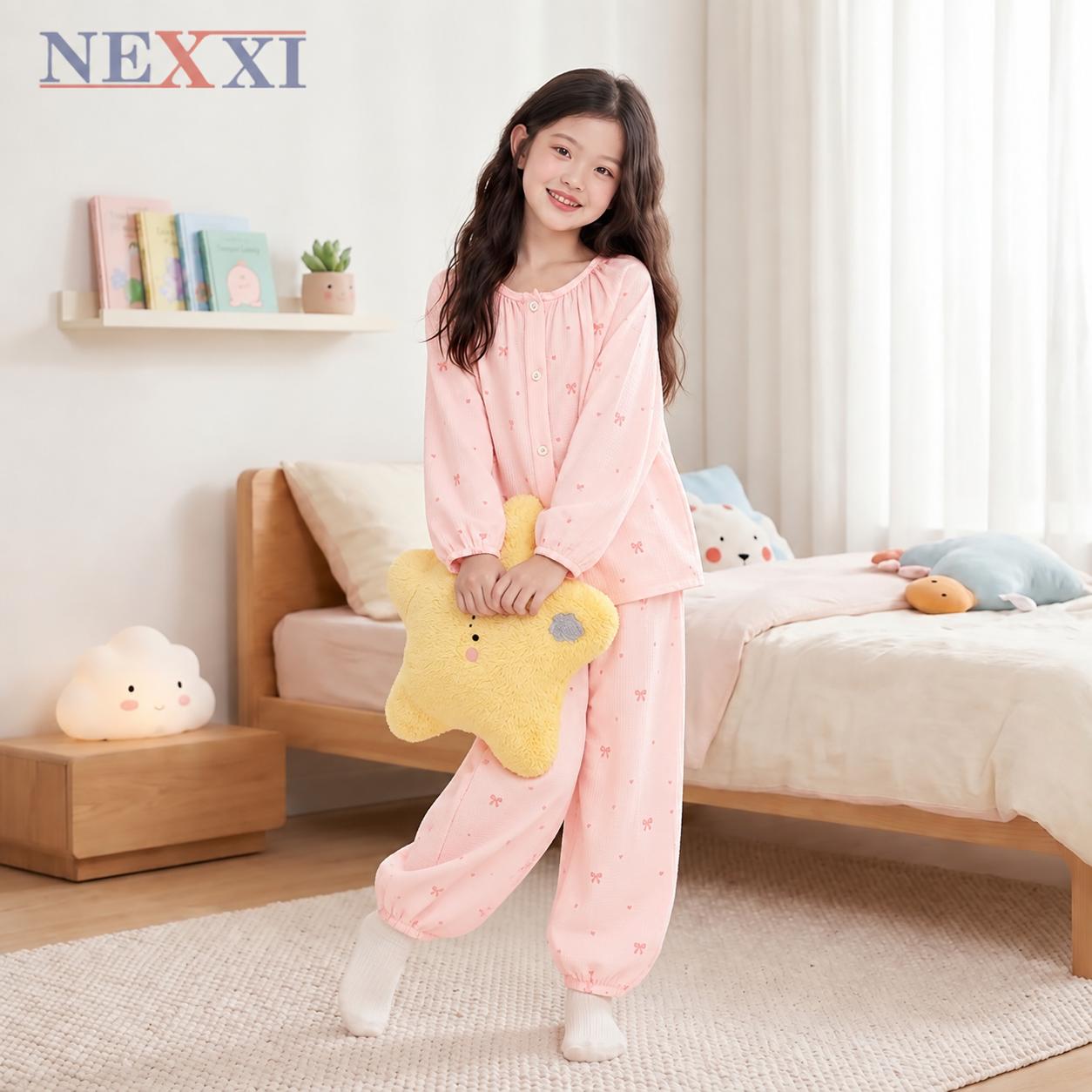 Bộ Pyjama Bé Gái Dài Tay Vải Đũi Hàn NEXXI Họa Tiết Dễ Thương Bo Lai Hottrend