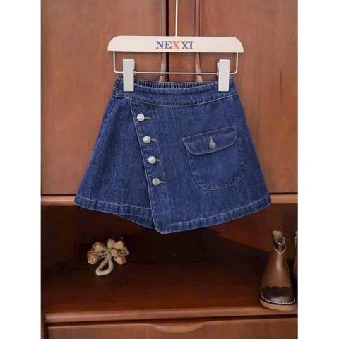 Quần Giả Váy Jean Bé Gái NEXXI Lưng Thun Xếp Ly Phối Túi Nút Vintage Co Giãn Xinh Xắn