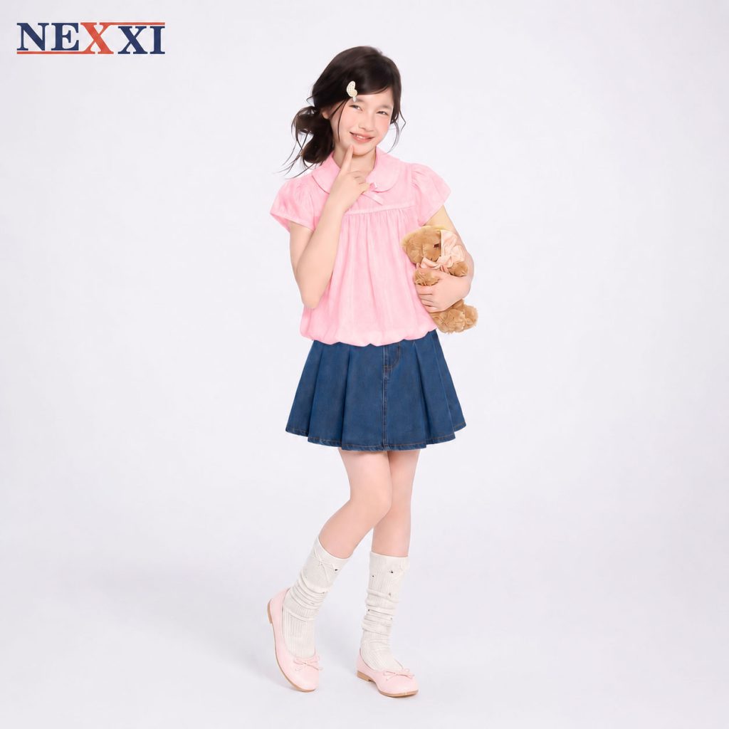 Áo Sơ Mi Bé Gái NEXXI Dáng Bí Đính Nơ Ruy Băng Cổ Siêu Xinh