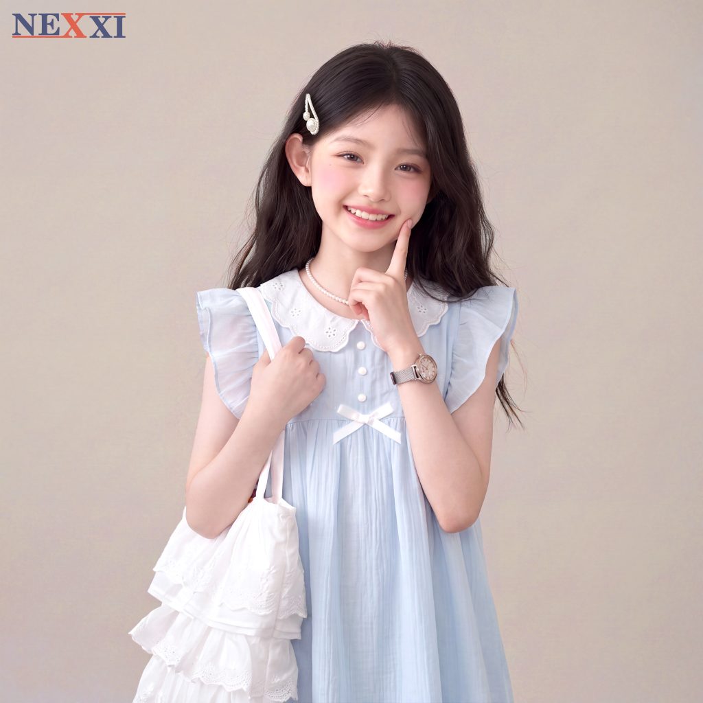 Đầm Babydoll Bé Gái NEXXI Cổ Ren Đính Nơ Ngực Tay Cánh Tiên Tiểu Thư