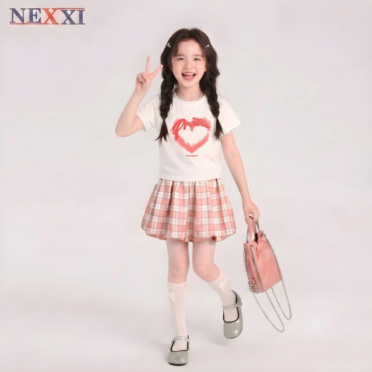 Set Váy Bí Caro Bé Gái NEXXI – Áo Thun Nhún Eo In Tim Kèm Chân Váy Bí Siêu Xinh Outfit Mùa Hè