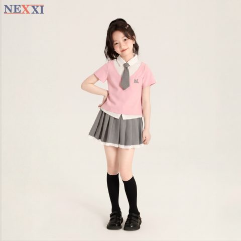 2609.13Sét áo cổ sơ mi kèm váy xếp ly Hi
