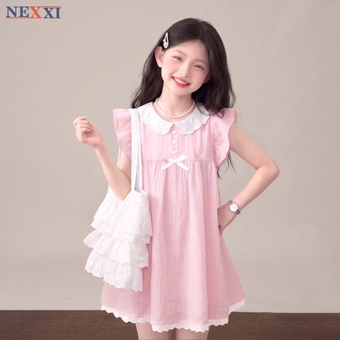 Đầm Babydoll Bé Gái NEXXI Cổ Ren Đính Nơ Ngực Tay Cánh Tiên Tiểu Thư