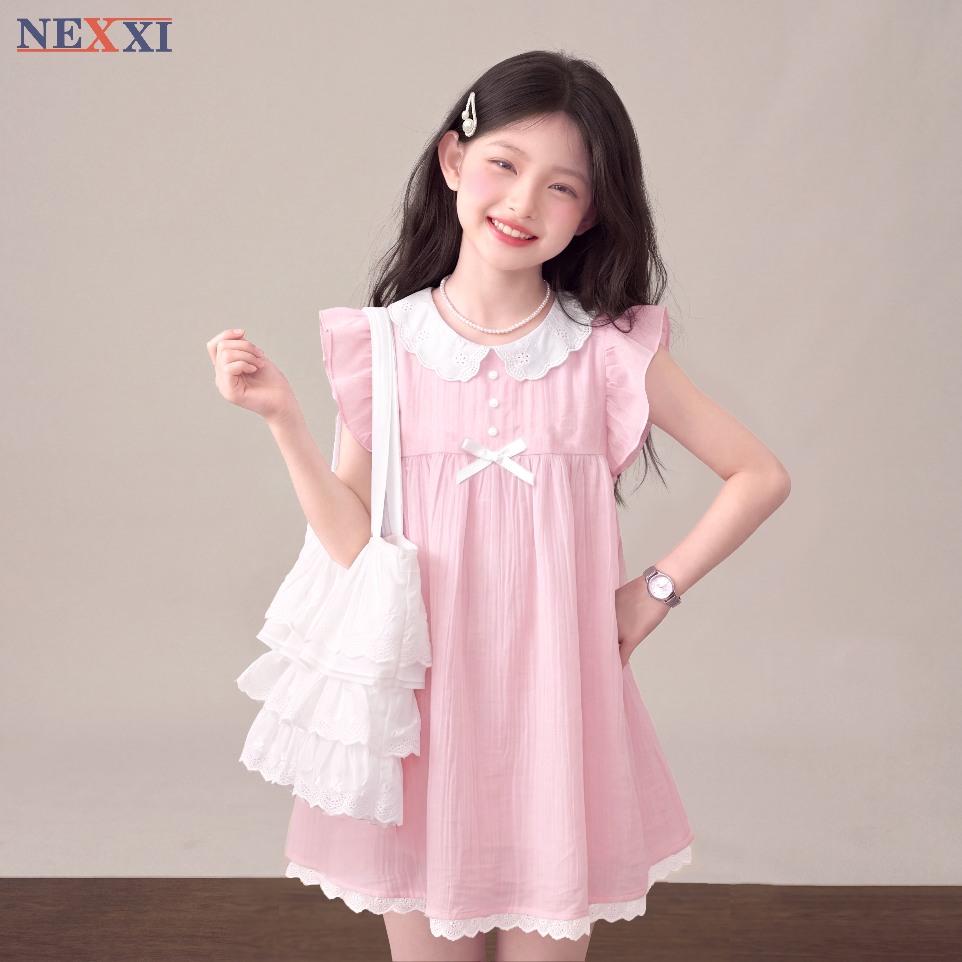 2610.13Đầm babydoll cổ ren nơ ngực
