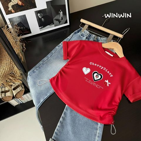 Áo Thun Babytee Bé gái NEXXI Rút Eo Hai Bên Form Ôm Nhẹ In Hình Tim CherryDiary Cotton 4C Mềm Mịn