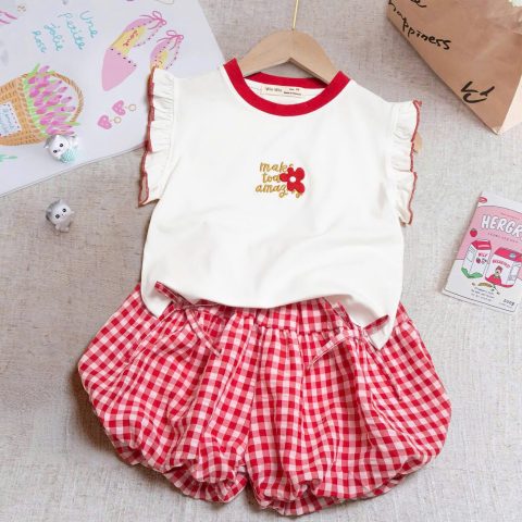 Set Đồ Bé Gái Tay Cánh Tiên Áo Thun Cotton Thêu Hoa Kèm Quần Bí Caro Xốp Đính Nơ Xinh Xắn NEXXI
