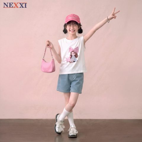 Set Bộ Bé Gái NEXXI, Quần Jean Lửng Ngố Kèm Áo Thun Cotton Nơ Xinh Xắn Cho Bé Đi Học Đi Chơi Mặc Nhà