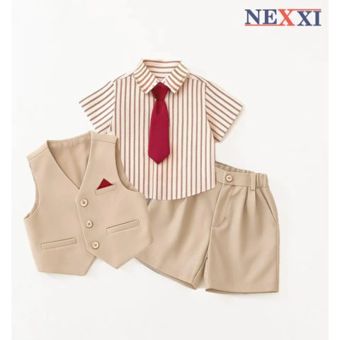 Set Vest Bé Trai 3 Món NEXXI Phối Cà Vạt – Áo Sơ Mi Linen + Ghi Lê + Quần Short Kaki, Đồ Bé Trai Diện Tết Cuối Năm